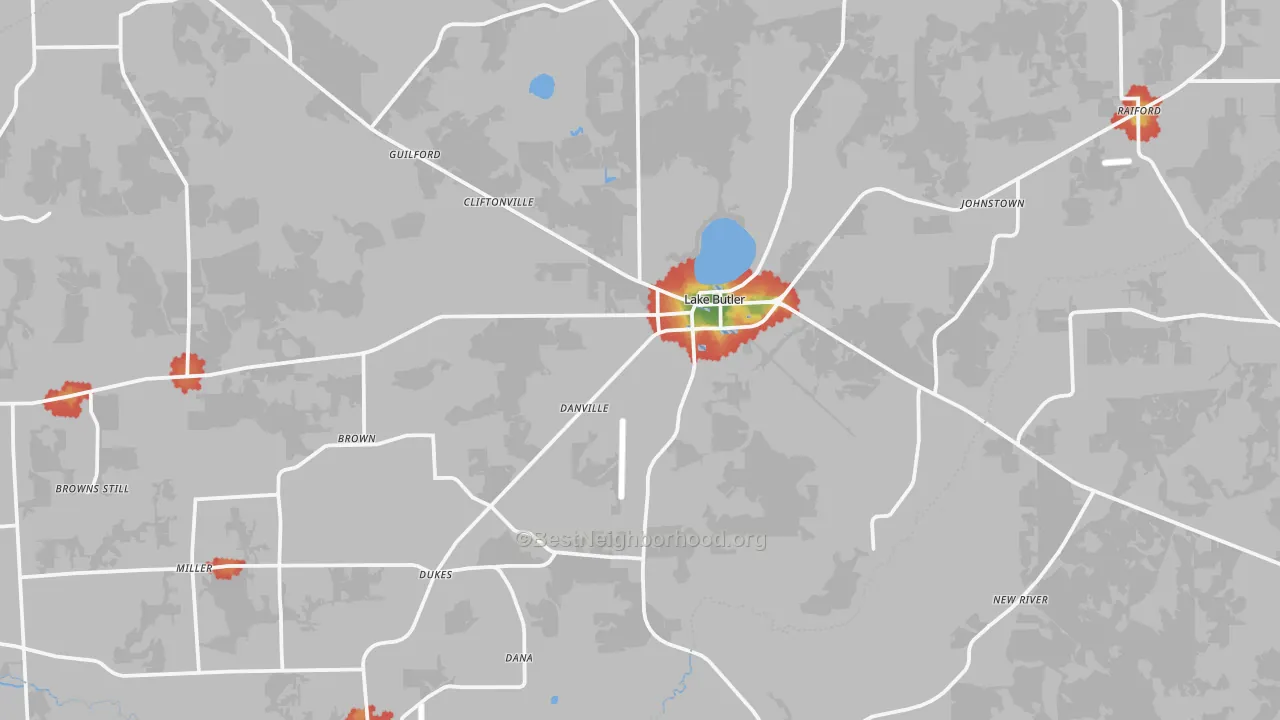 Walk Grade map of Union County, FL, walkable areas in green and car-dependent areas in red