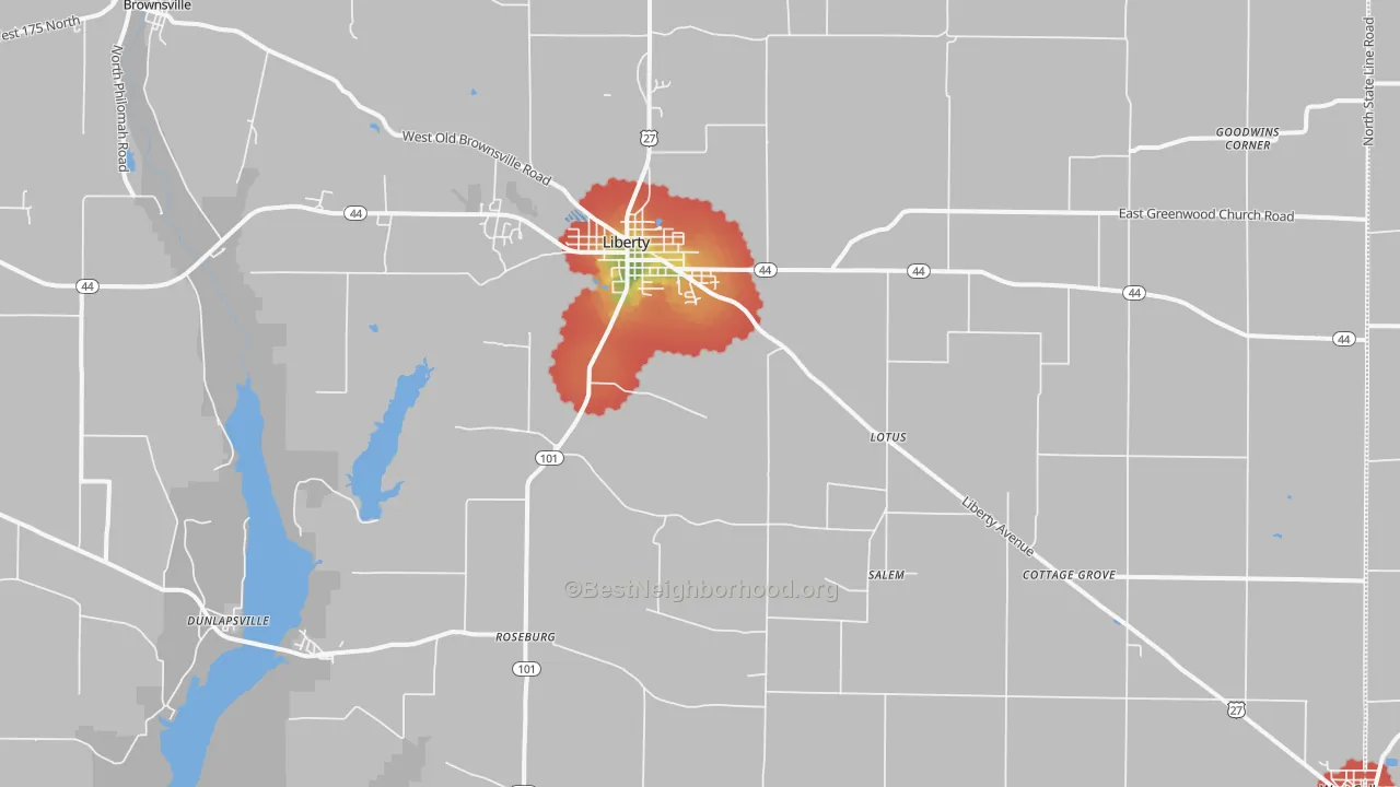 Walk Grade map of Union County, IN, walkable areas in green and car-dependent areas in red
