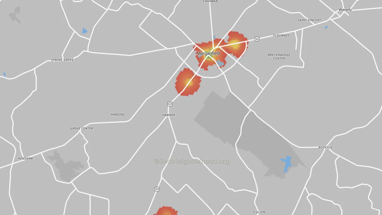 Walk Grade map of Union County, KY, walkable areas in green and car-dependent areas in red