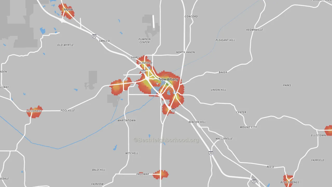 Walk Grade map of Union County, MS, walkable areas in green and car-dependent areas in red