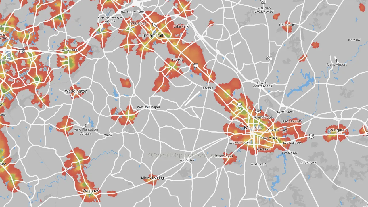 Walk Grade map of Union County, NC, walkable areas in green and car-dependent areas in red