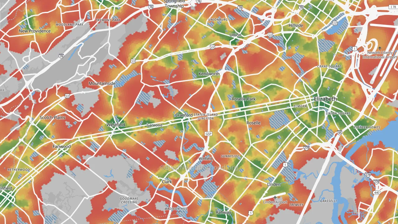 Walk Grade map of Union County, NJ, walkable areas in green and car-dependent areas in red