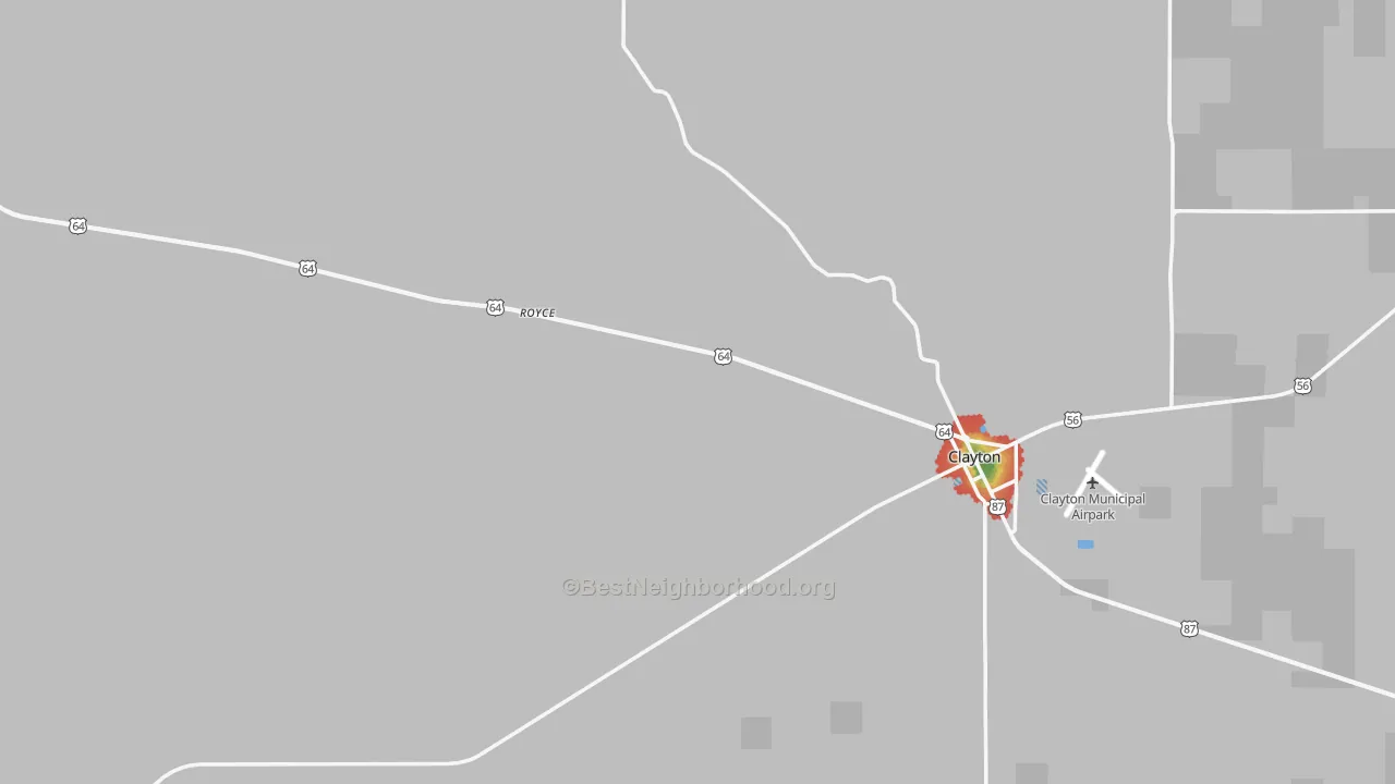 Walk Grade map of Union County, NM, walkable areas in green and car-dependent areas in red