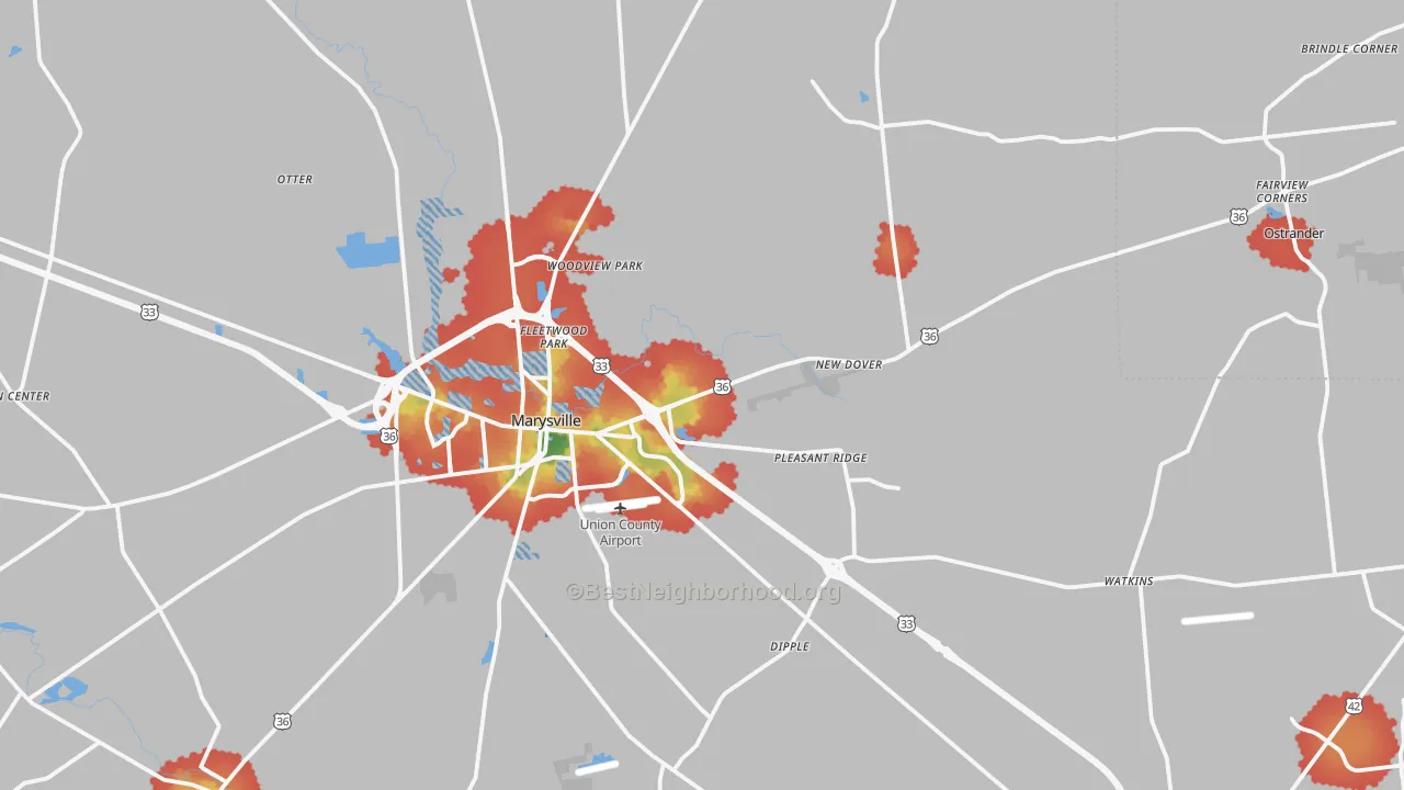 Walk Grade map of Union County, OH, walkable areas in green and car-dependent areas in red