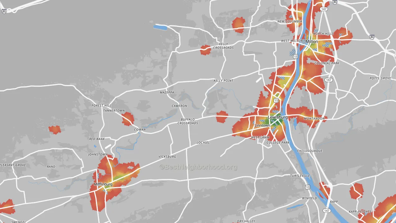 Walk Grade map of Union County, PA, walkable areas in green and car-dependent areas in red