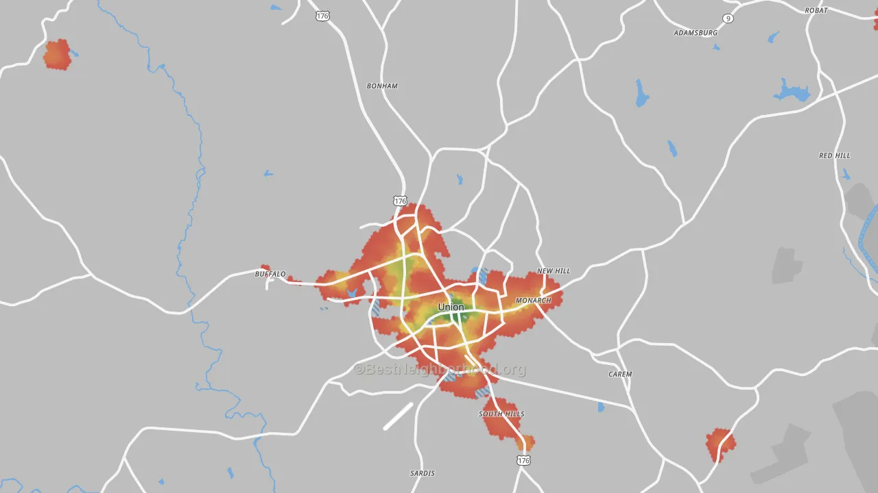 Walk Grade map of Union County, SC, walkable areas in green and car-dependent areas in red