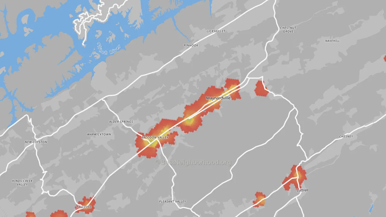 Walk Grade map of Union County, TN, walkable areas in green and car-dependent areas in red