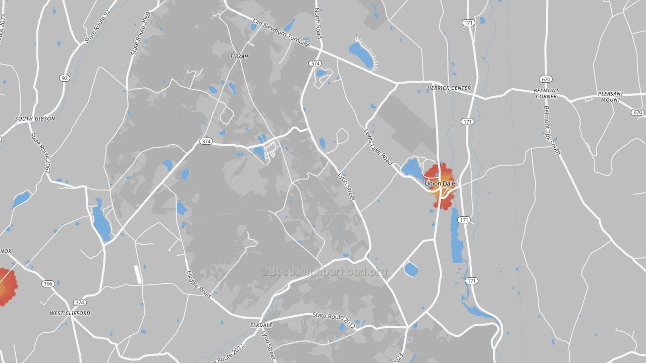 Walk Grade map of Union Dale, PA, walkable areas in green and car-dependent areas in red