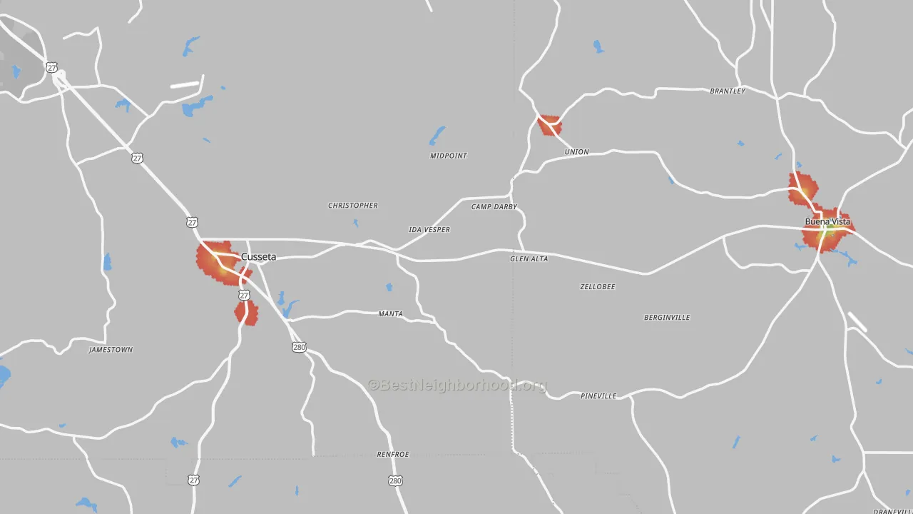 Walk Grade map of Union, GA, walkable areas in green and car-dependent areas in red