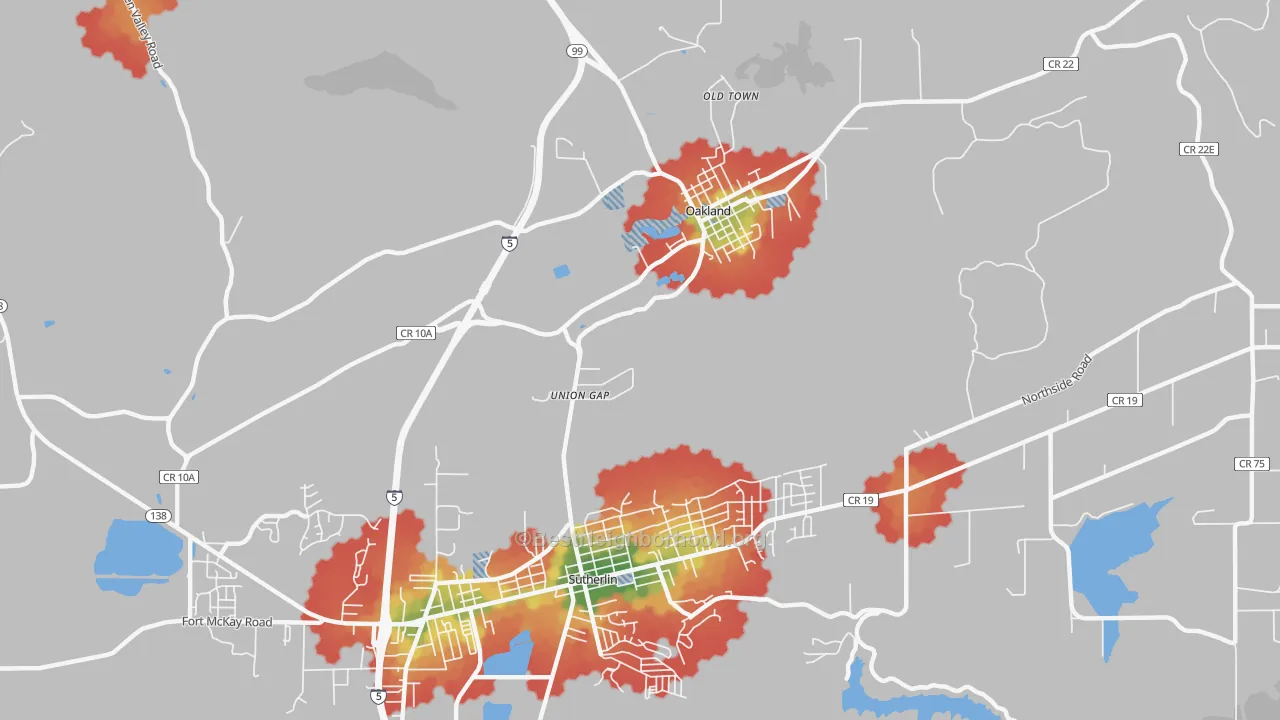 Walk Grade map of Union Gap, OR, walkable areas in green and car-dependent areas in red