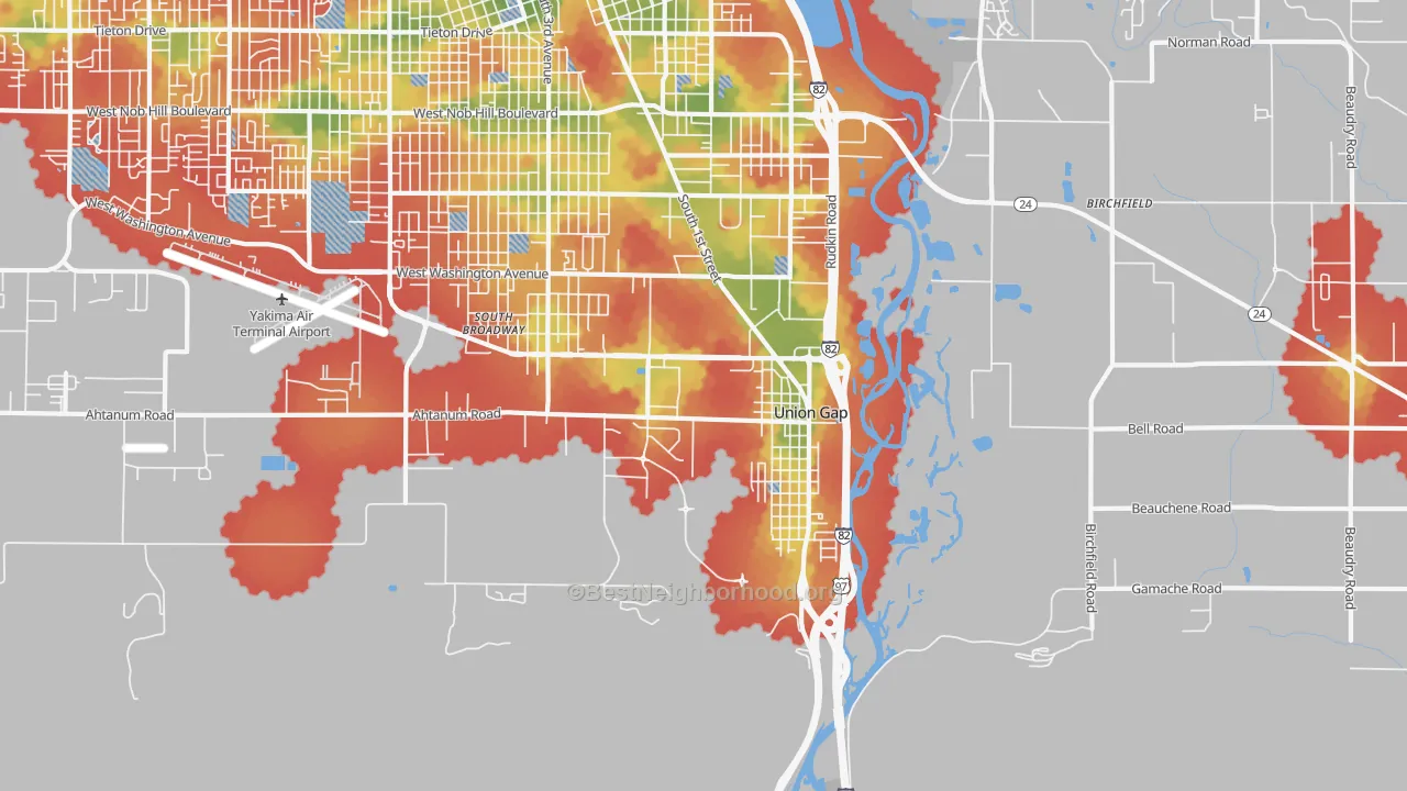 Walk Grade map of Union Gap, WA, walkable areas in green and car-dependent areas in red