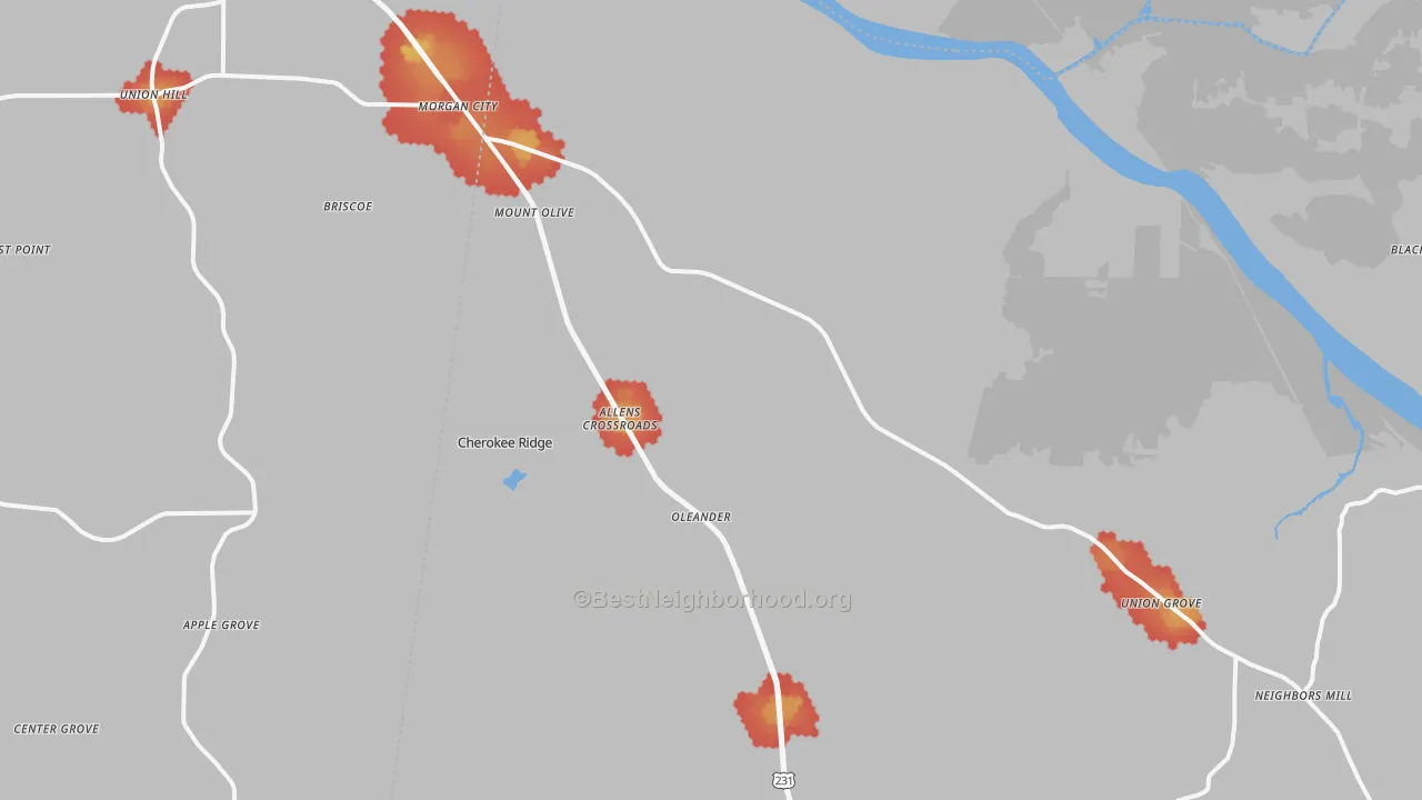 Walk Grade map of Union Grove, AL, walkable areas in green and car-dependent areas in red