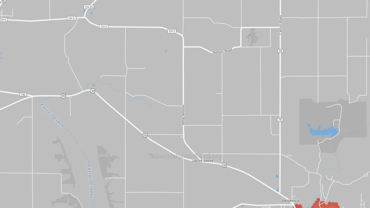 Walk Grade map of Union Grove, IL, walkable areas in green and car-dependent areas in red