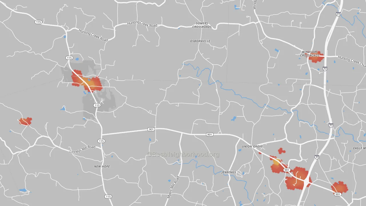 Walk Grade map of Union Grove, NC, walkable areas in green and car-dependent areas in red