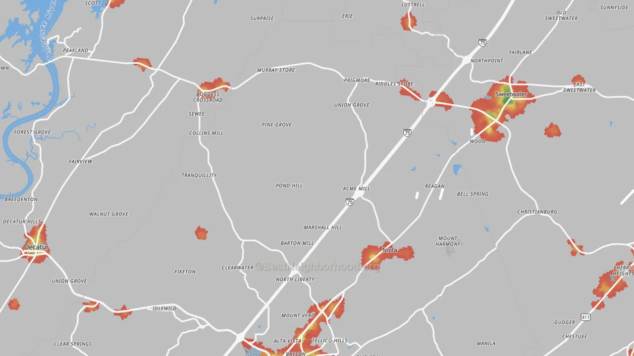 Walk Grade map of Union Grove, TN, walkable areas in green and car-dependent areas in red