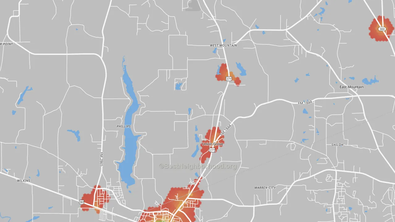 Walk Grade map of Union Grove, TX, walkable areas in green and car-dependent areas in red