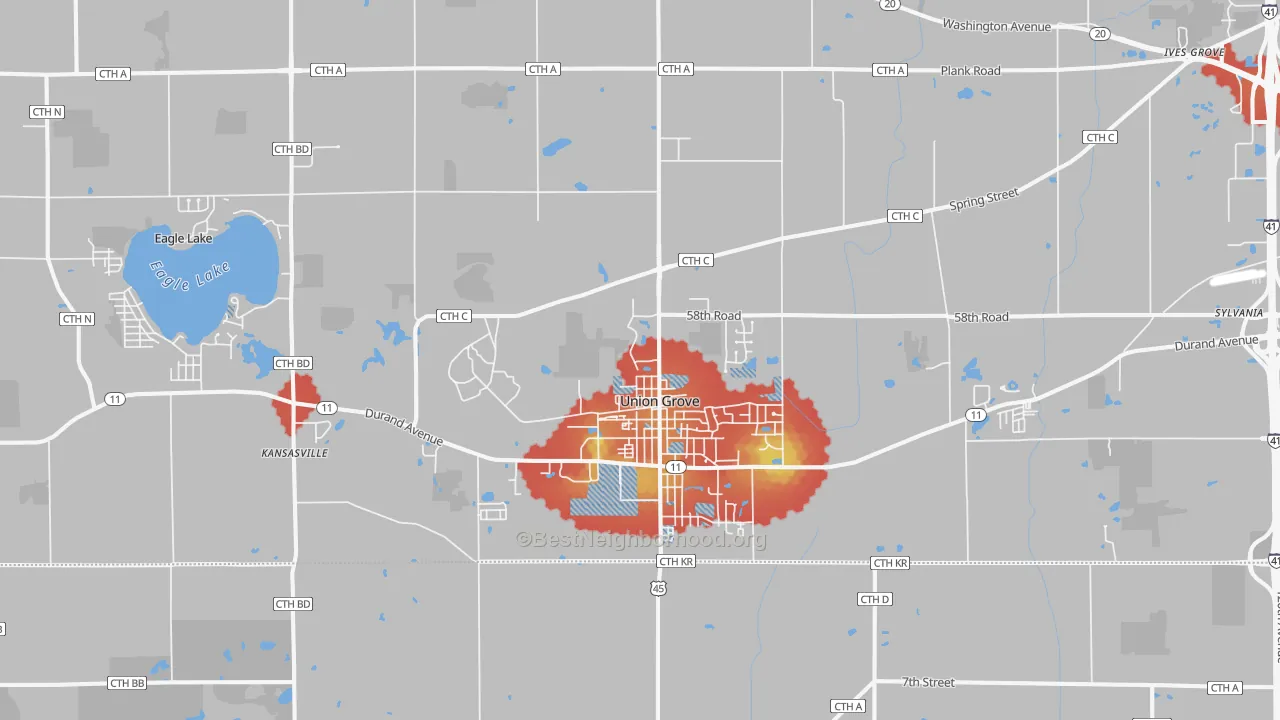 Walk Grade map of Union Grove, WI, walkable areas in green and car-dependent areas in red