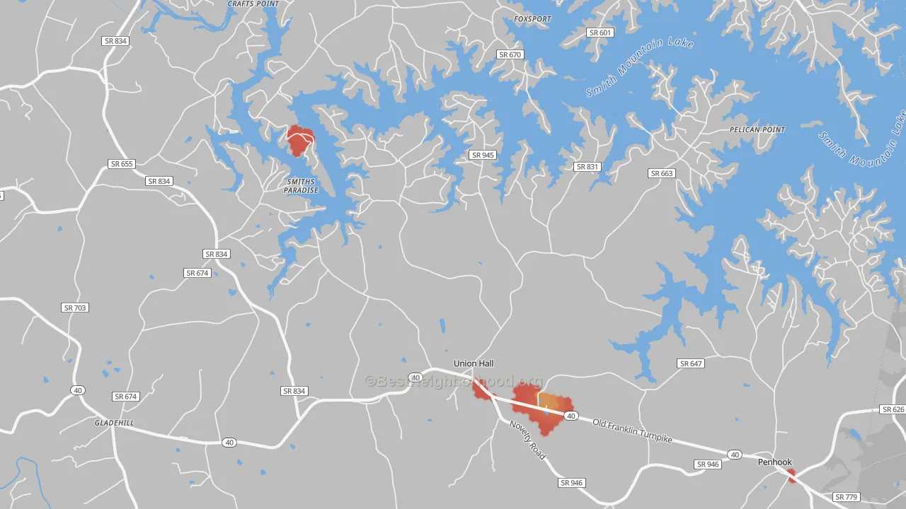 Walk Grade map of Union Hall, VA, walkable areas in green and car-dependent areas in red