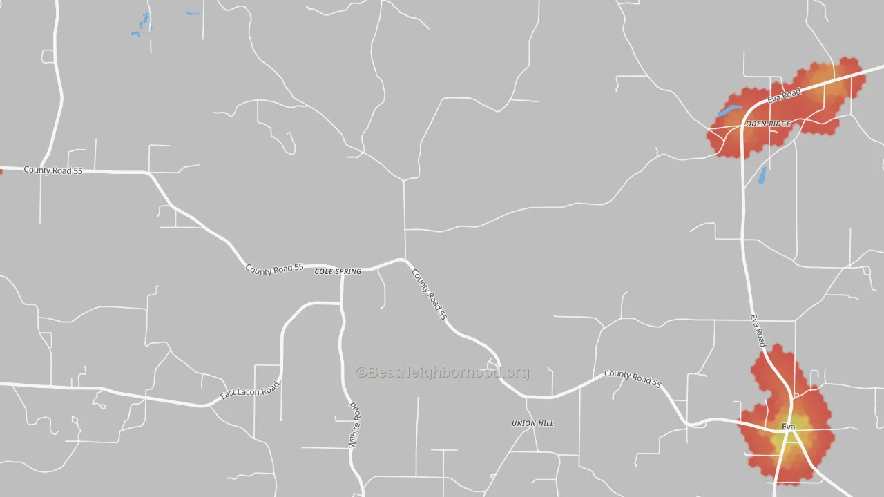 Walk Grade map of Union Hill, AL, walkable areas in green and car-dependent areas in red