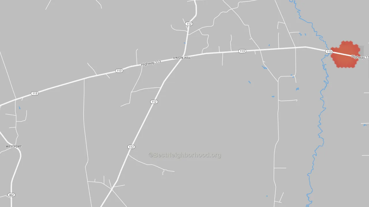 Walk Grade map of Union Hill, LA, walkable areas in green and car-dependent areas in red