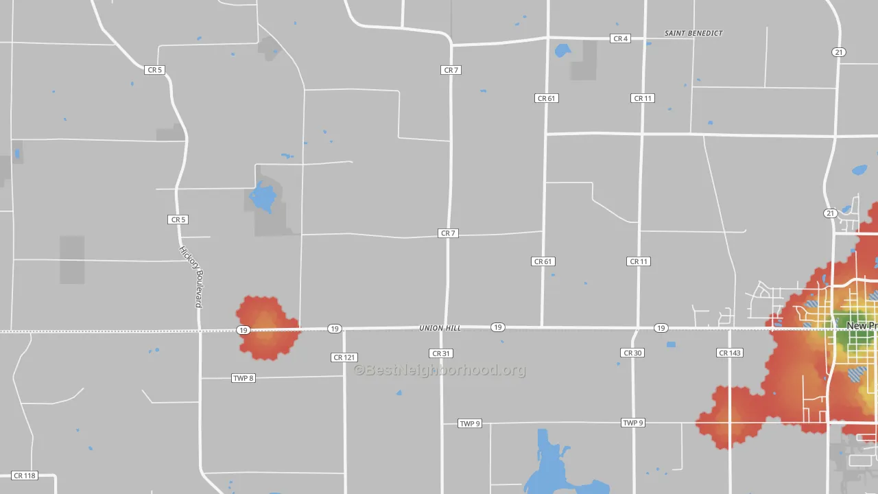 Walk Grade map of Union Hill, MN, walkable areas in green and car-dependent areas in red