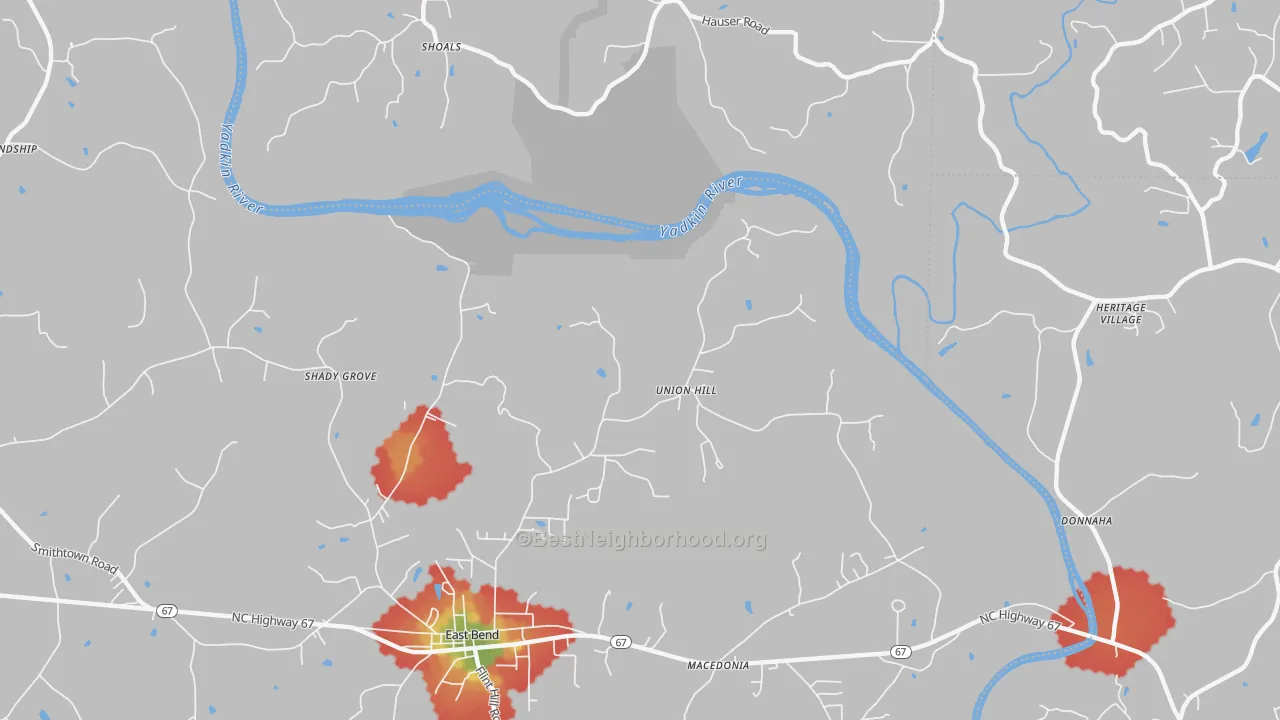 Walk Grade map of Union Hill, NC, walkable areas in green and car-dependent areas in red
