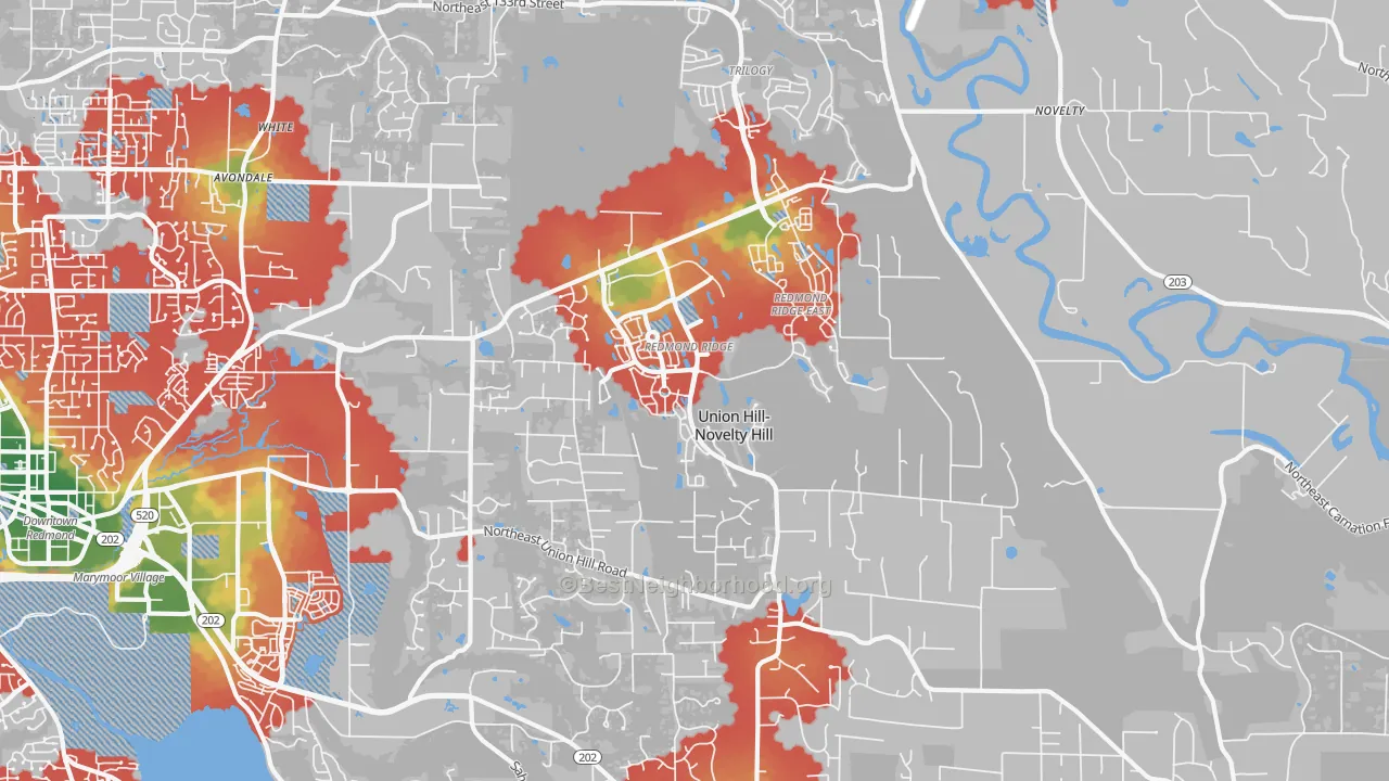 Walk Grade map of Union Hill-Novelty Hill, WA, walkable areas in green and car-dependent areas in red