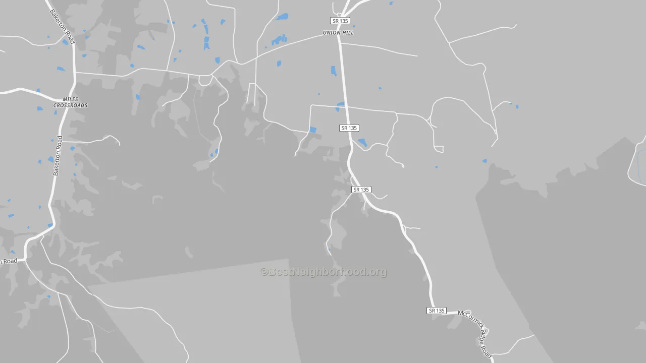 Walk Grade map of Union Hill, TN, walkable areas in green and car-dependent areas in red