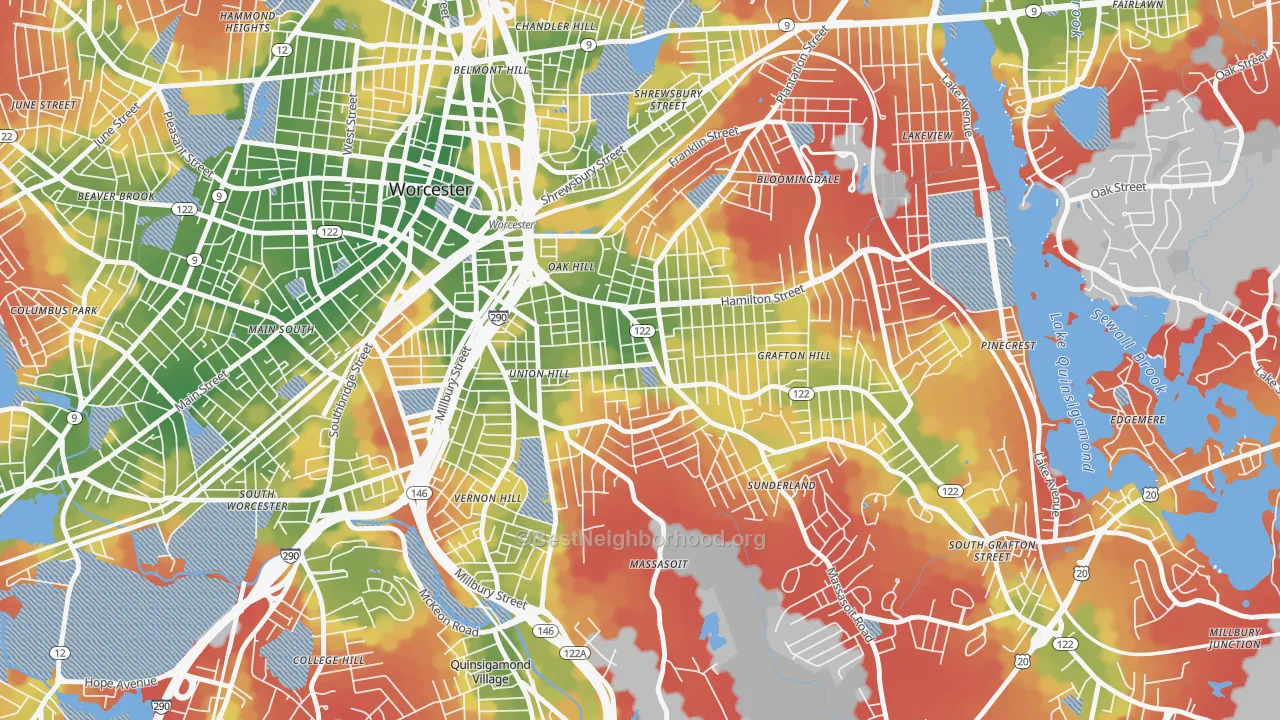 Walk Grade map of Union Hill, Worcester, MA, walkable areas in green and car-dependent areas in red