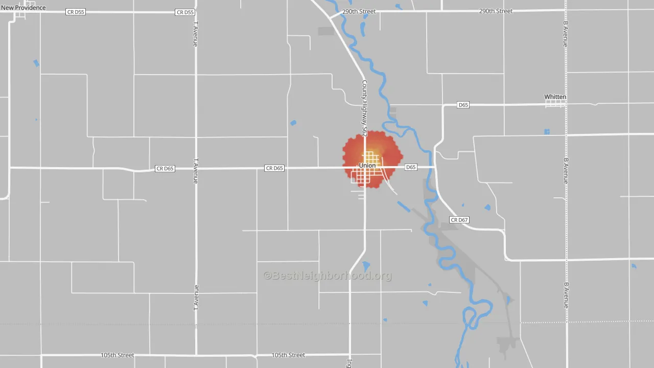 Walk Grade map of Union, IA, walkable areas in green and car-dependent areas in red
