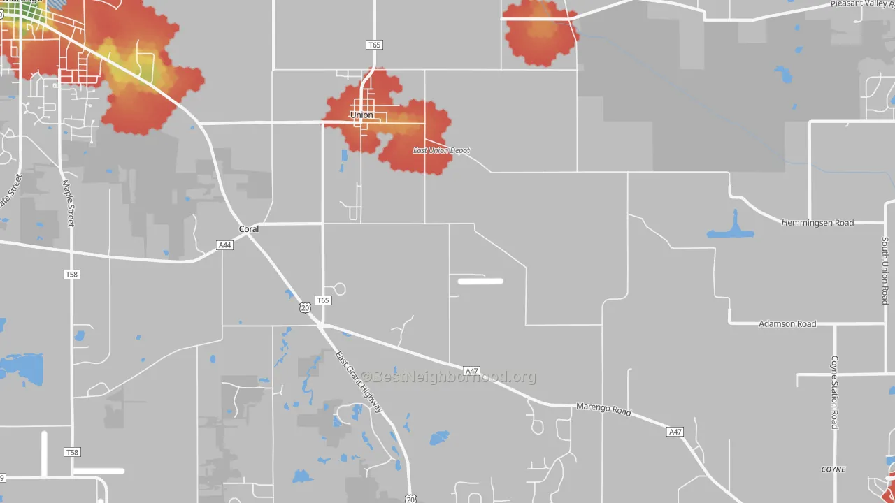 Walk Grade map of Union, IL, walkable areas in green and car-dependent areas in red
