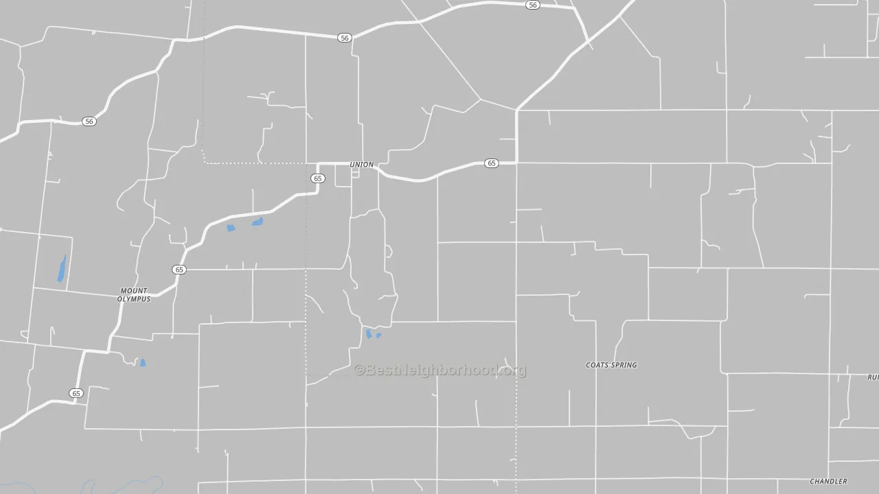 Walk Grade map of Union, IN, walkable areas in green and car-dependent areas in red