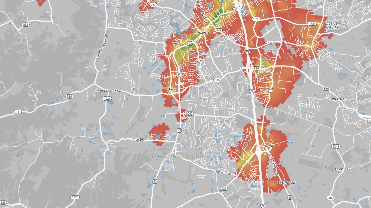 Walk Grade map of Union, KY, walkable areas in green and car-dependent areas in red