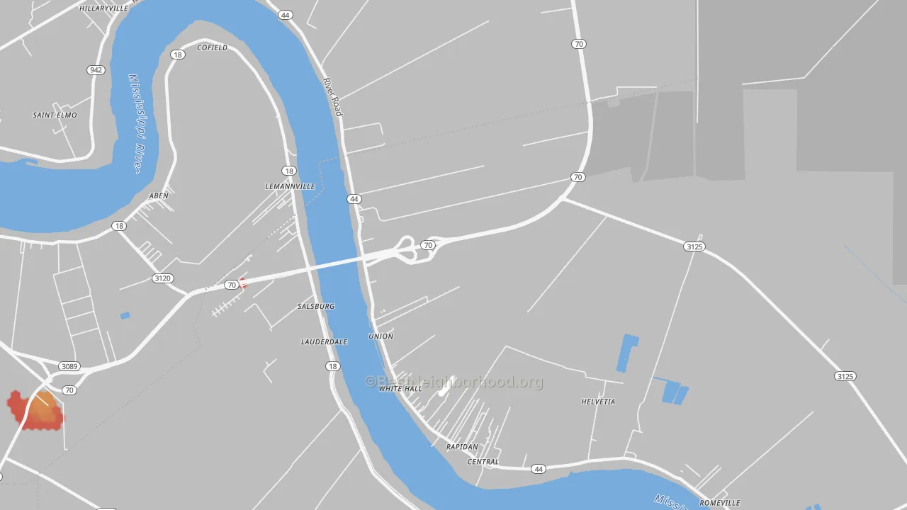 Walk Grade map of Union, LA, walkable areas in green and car-dependent areas in red