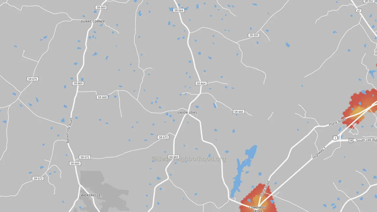 Walk Grade map of Union Level, VA, walkable areas in green and car-dependent areas in red
