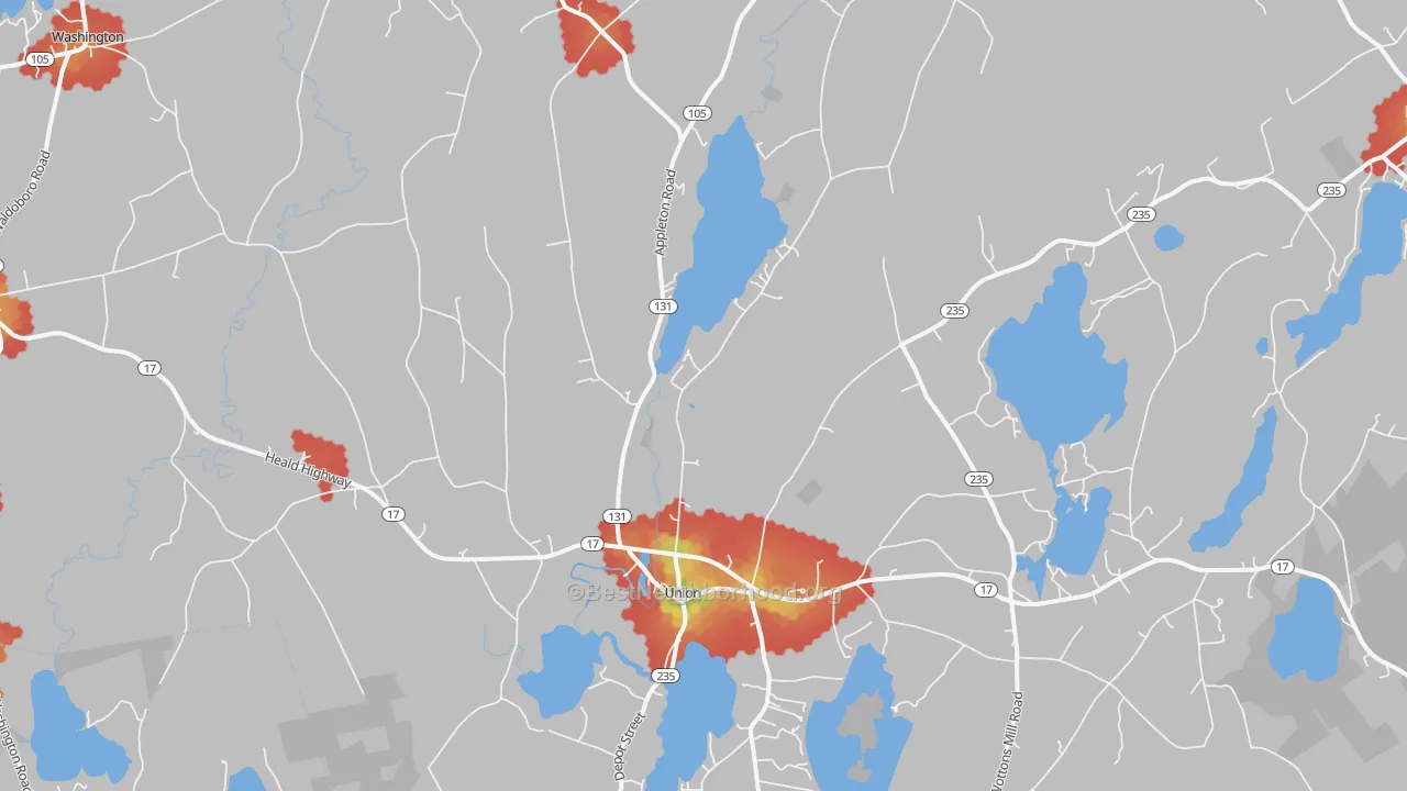Walk Grade map of Union, ME, walkable areas in green and car-dependent areas in red