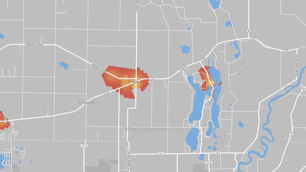 Walk Grade map of Union, MI, walkable areas in green and car-dependent areas in red