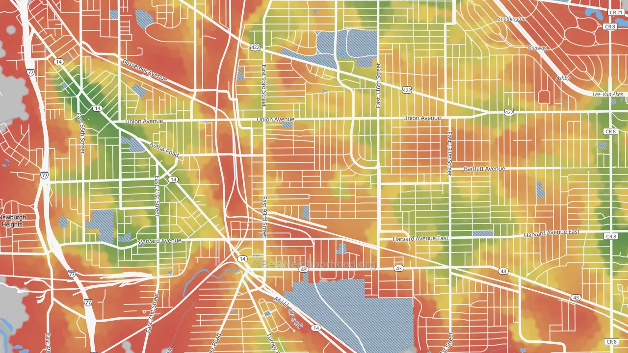 Walk Grade map of Union-Miles Park, Cleveland, OH, walkable areas in green and car-dependent areas in red
