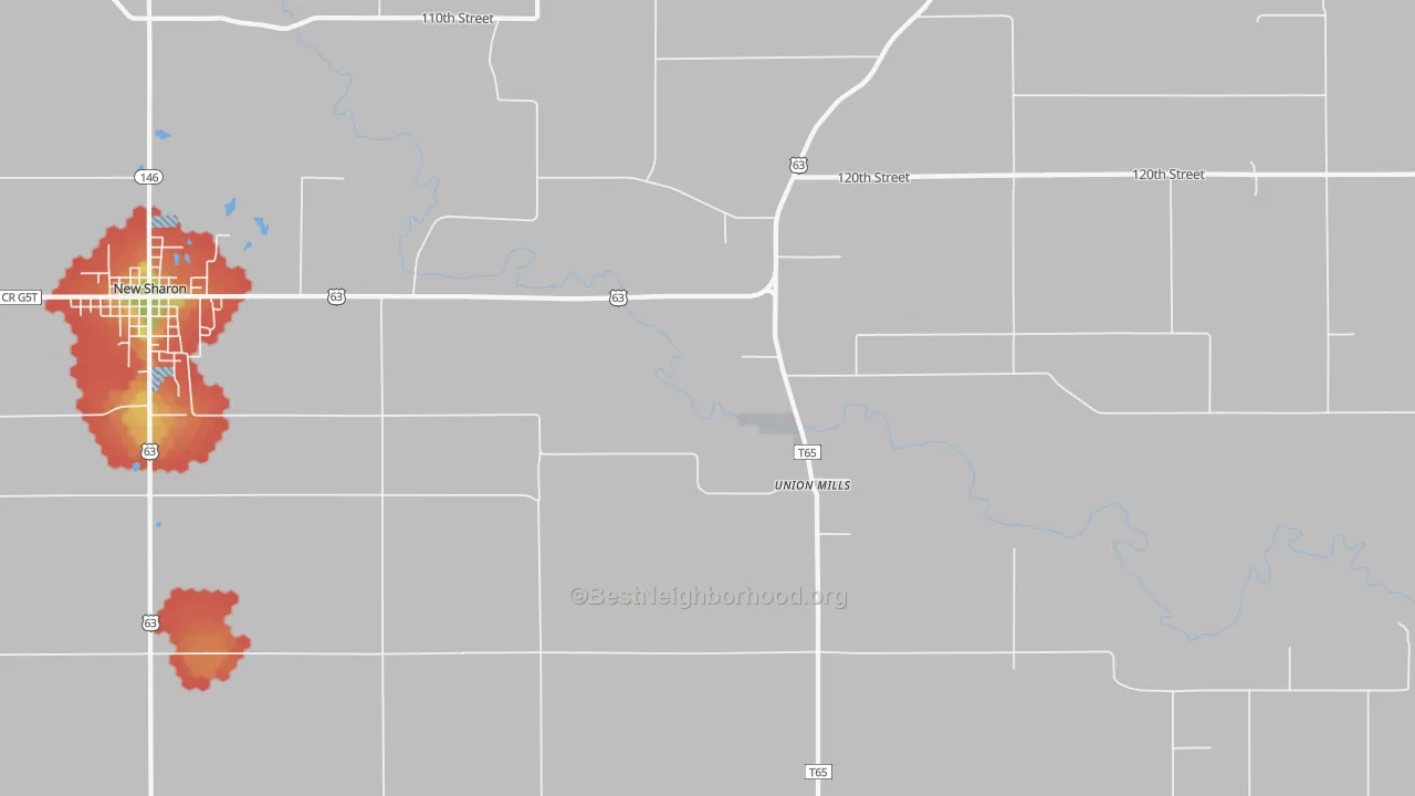 Walk Grade map of Union Mills, IA, walkable areas in green and car-dependent areas in red