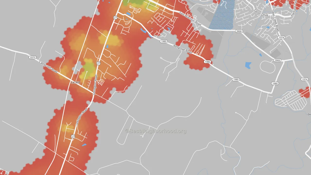 Walk Grade map of Union Mills, KY, walkable areas in green and car-dependent areas in red
