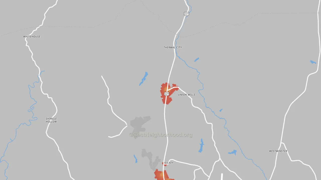Walk Grade map of Union Mills, NC, walkable areas in green and car-dependent areas in red
