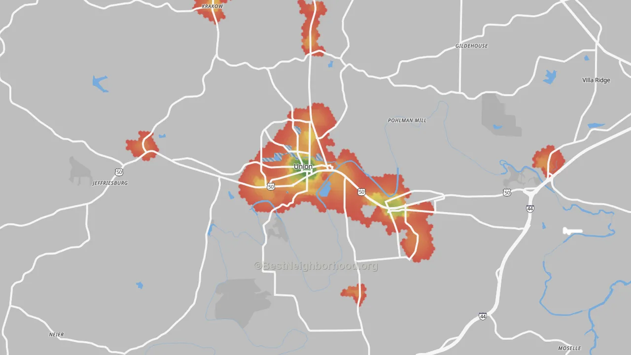 Walk Grade map of Union, MO, walkable areas in green and car-dependent areas in red