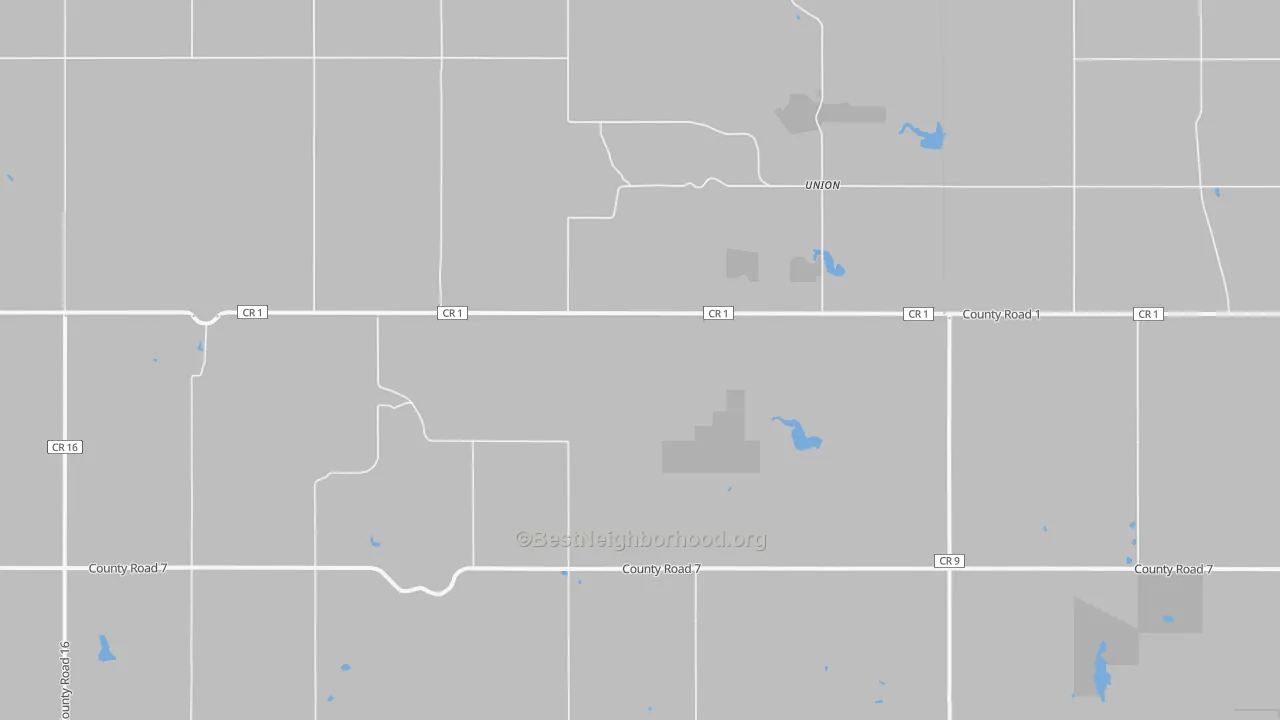 Walk Grade map of Union, ND, walkable areas in green and car-dependent areas in red