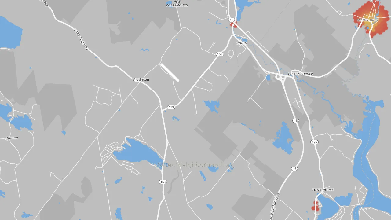 Walk Grade map of Union, NH, walkable areas in green and car-dependent areas in red