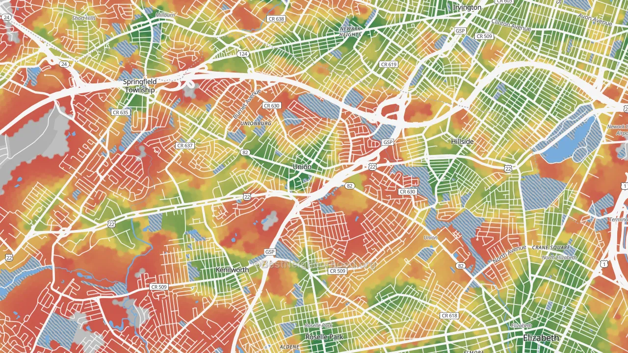 Walk Grade map of Union, NJ, walkable areas in green and car-dependent areas in red