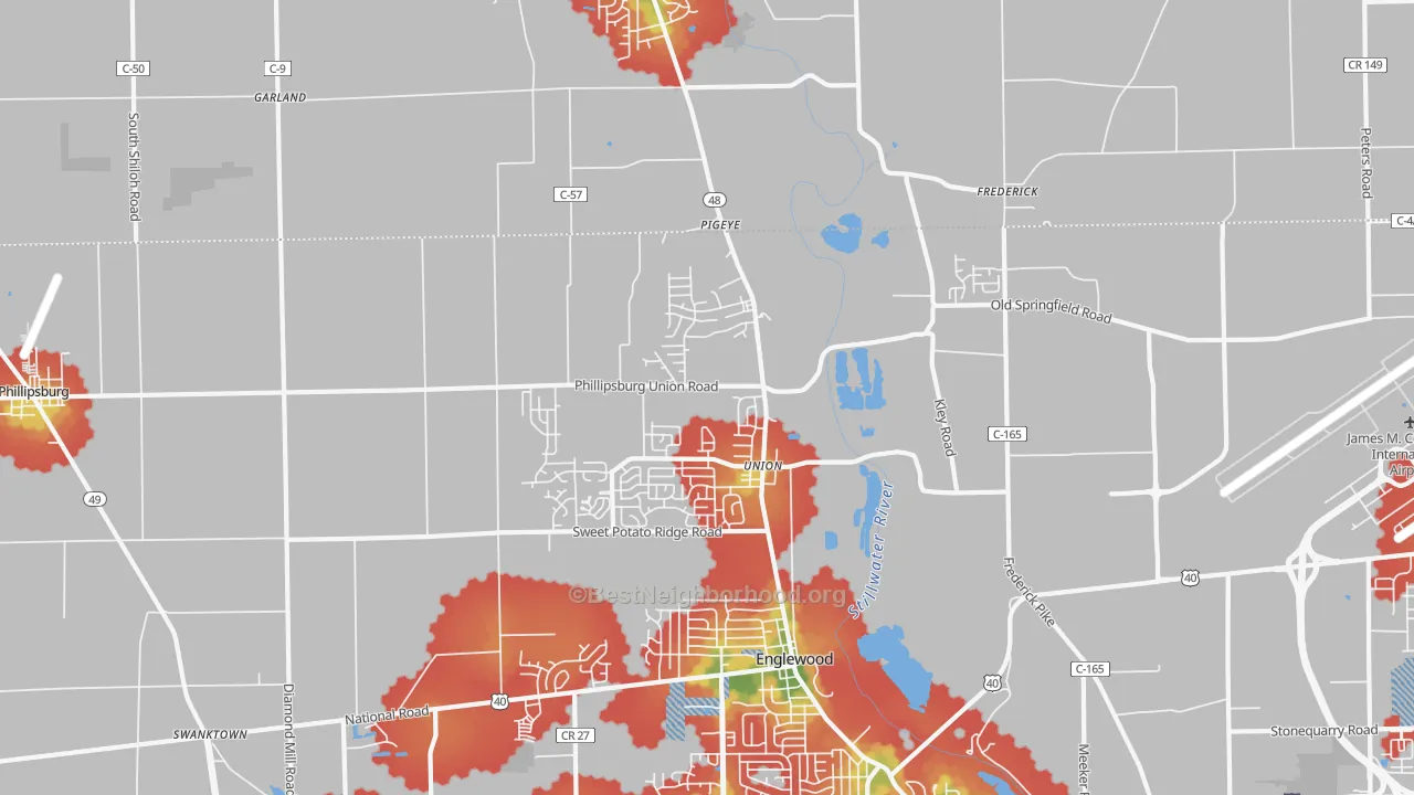 Walk Grade map of Union, OH, walkable areas in green and car-dependent areas in red