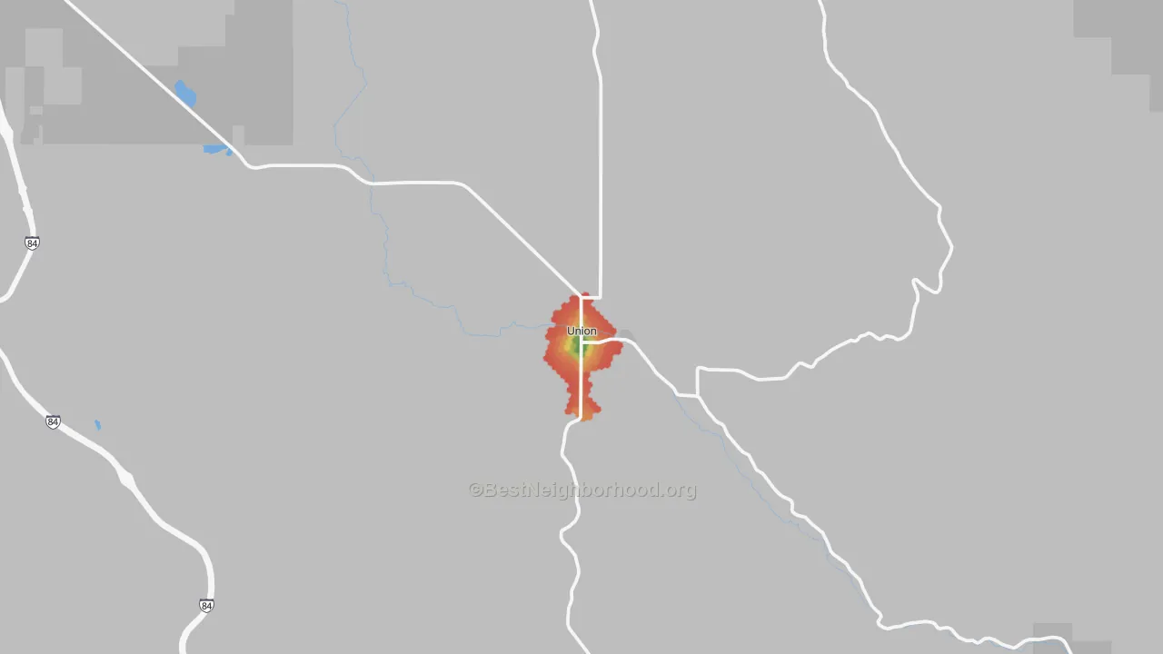 Walk Grade map of Union, OR, walkable areas in green and car-dependent areas in red