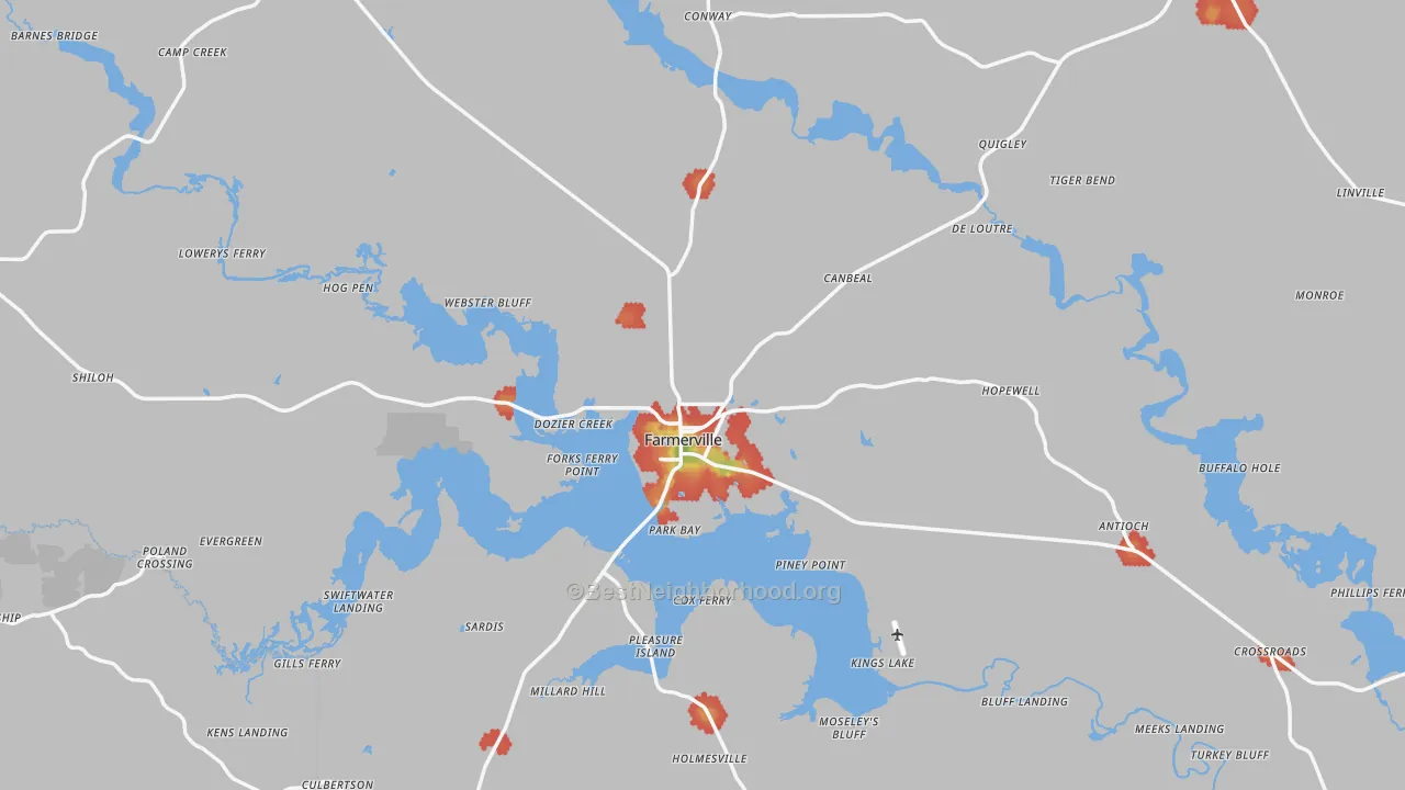 Walk Grade map of Union Parish, LA, walkable areas in green and car-dependent areas in red