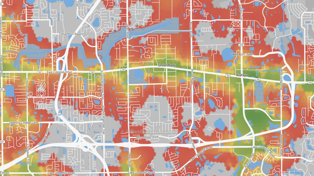 Walk Grade map of Union Park, FL, walkable areas in green and car-dependent areas in red