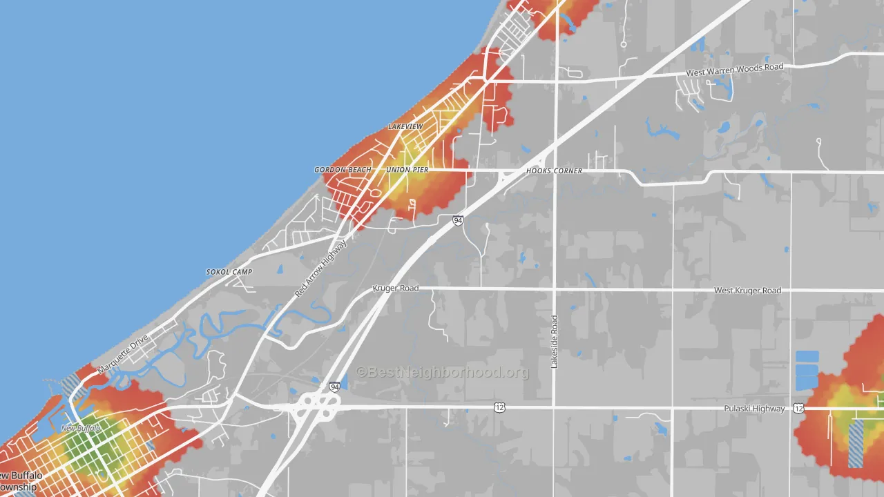 Walk Grade map of Union Pier, MI, walkable areas in green and car-dependent areas in red